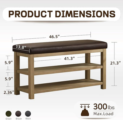 Zihanhome Shoe Rack Bench with Leather Cushion, 2 Tier Solid Wood Storage Bench - Image 2