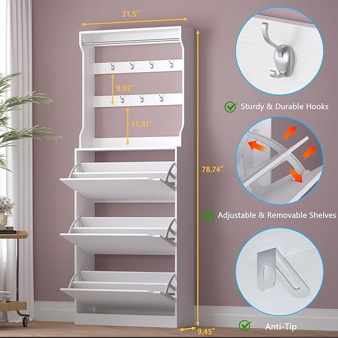 BORNOON Shoe Cabinet with 3 Flip Drawers & Coat Rack, Narrow Hidden Shoe - Image 2