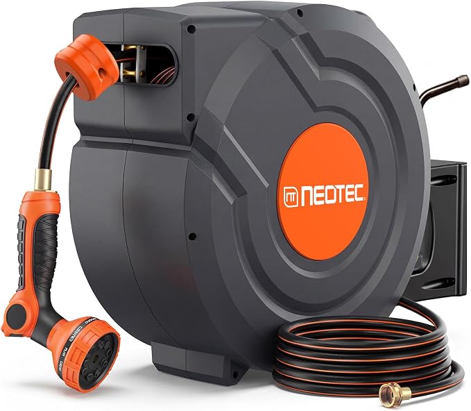 Upgraded Retractable Garden Hose Reel 1/2 inch x 155 ft Metal Bracket by NEO-TEC