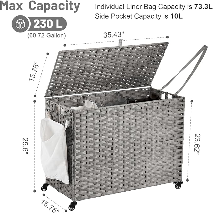 Laundry Hamper with Wheels, 60.72 Gallon Rolling Laundry Basket with Lid - Image 4