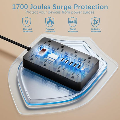 15 Ft Long Extension Cord Power Strip Surge Protector, HUNIAN Flat Plug - Image 6