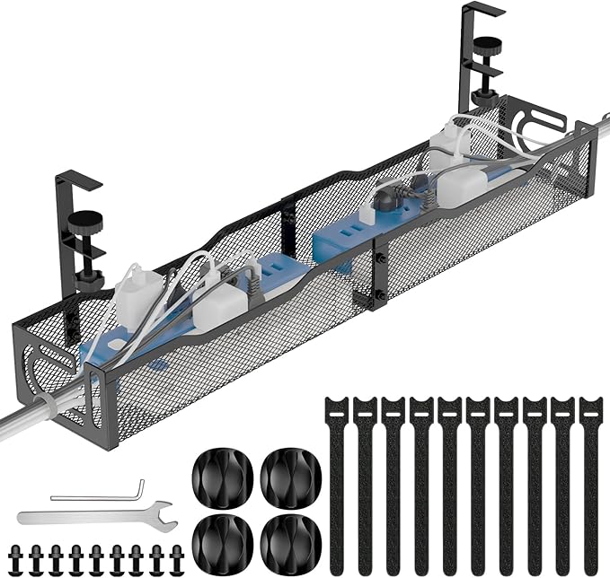 Under Desk Cable Management Tray, No Drill Steel Desk Cable Organizers by BESTFORYOU