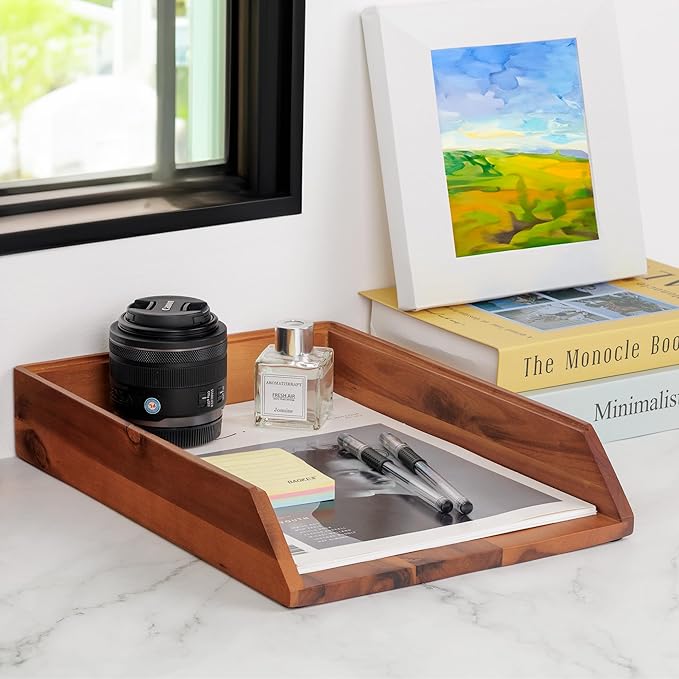 DEMIGO Desk Organizer Letter Tray Set of 2, Natural Acacia Wood Paper Tray | - Image 7