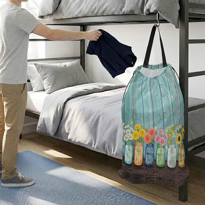Spring XL Laundry Bag Flower in Bottle Butterfly Vintage Wood Grain Machine - Image 3