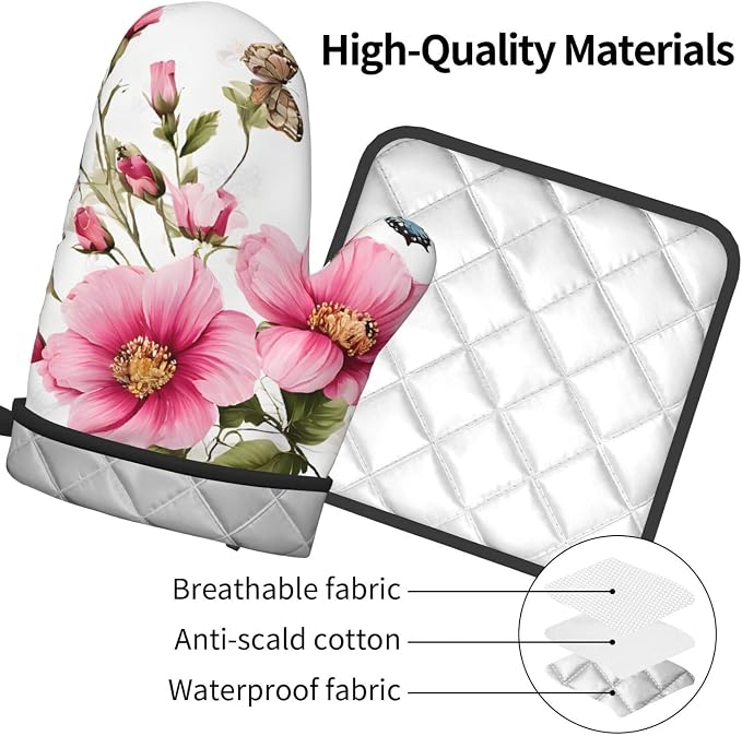 Garden with Birds and Flowers Gloves and Mats Set-Heat-Resistant Kitchen Gloves - Image 3