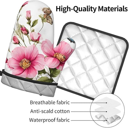 Garden with Birds and Flowers Gloves and Mats Set-Heat-Resistant Kitchen Gloves - Image 3