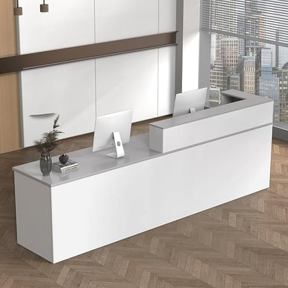 L Shape Reception Desk with Counter, Lockable Drawer, Keyboard Tray, and by Huariifowm