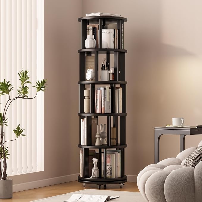 Solid Wood Rotating Bookshelf on Wheels, 5 Tier, Round Revolving Bookcase by Muwuele