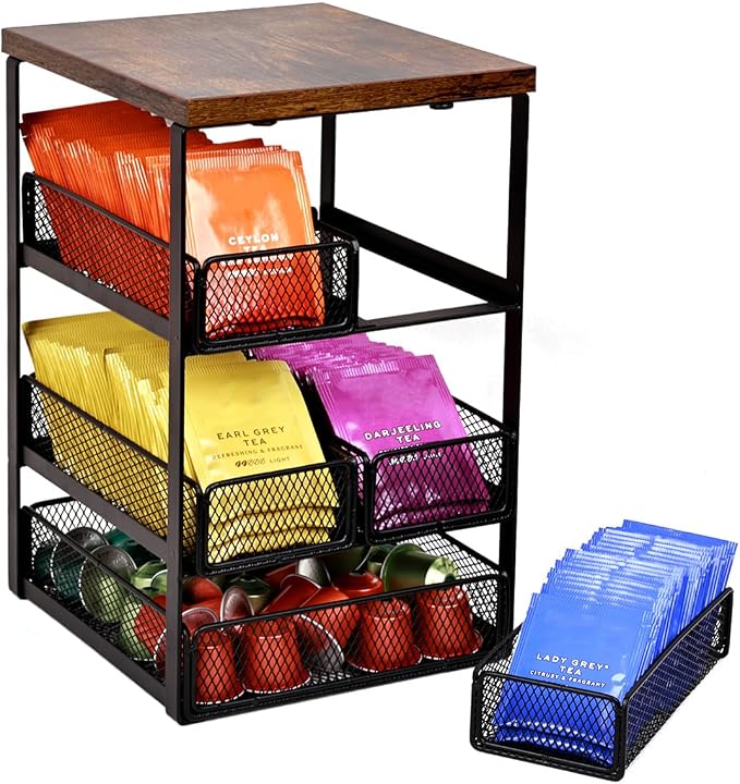 Tea Bag Organizer with 5 Drawers, Wooden & Metal Tea Storage Organizer by IntreLife