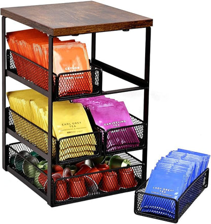 Tea Bag Organizer with 5 Drawers, Wooden & Metal Tea Storage Organizer by IntreLife