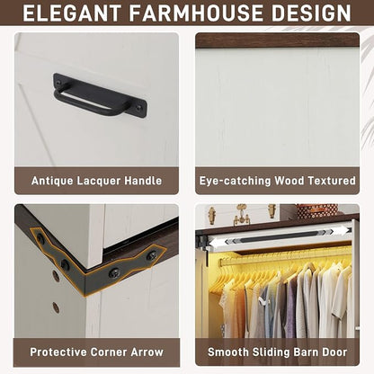Farmhouse 3 Doors Armoire Wardrobe Closet w/Folding Sliding Barn Door and Lights - Image 6