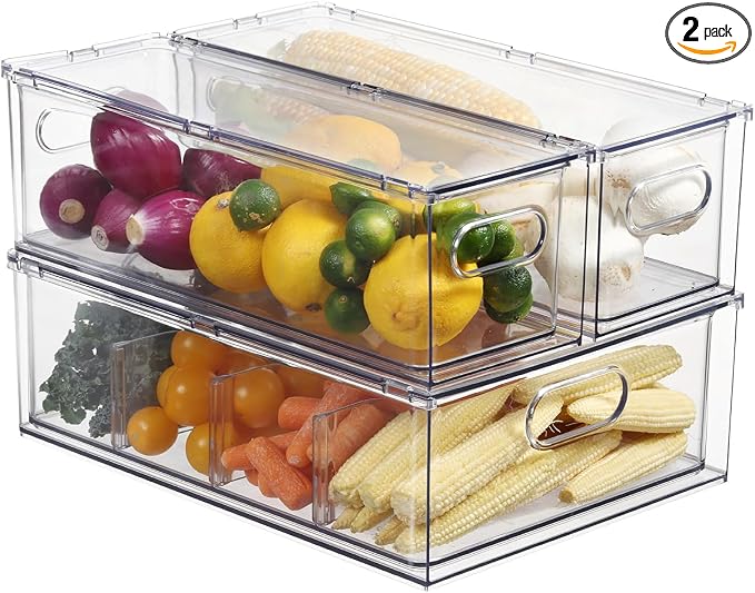 Fridge Drawer Pull Out Stackable Bins, Fridge Organizer Storage by Bronkeeper