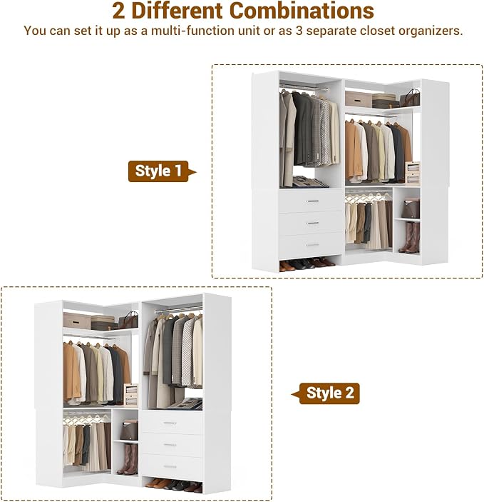 Aheaplus Closet System with 3 Drawers, 2 Hanging Rods & Corner Tower, Corner - Image 3