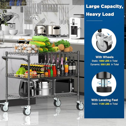 Leteuke 1120LBS Heavy Duty Rolling Utility Cart, 3 Tier Rolling Carts - Image 8