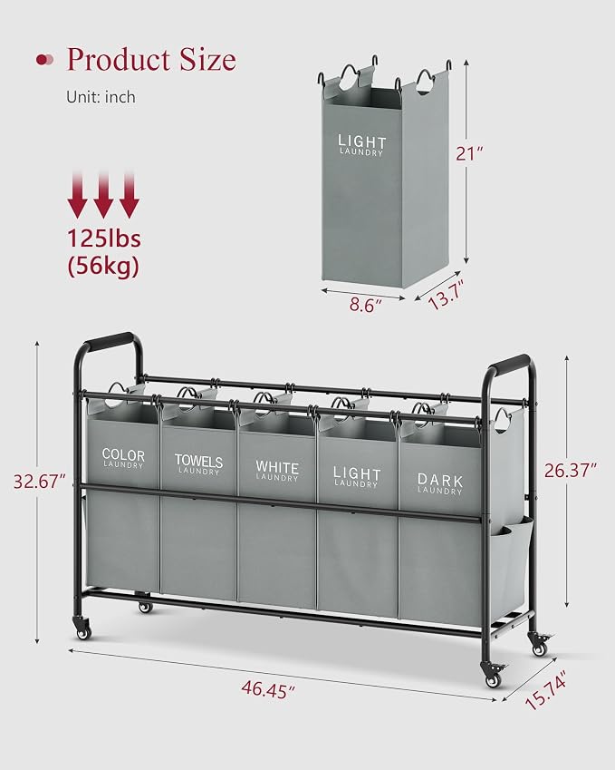 Tajsoon Laundry Sorter, Laundry Hamper 5 Section - Image 4