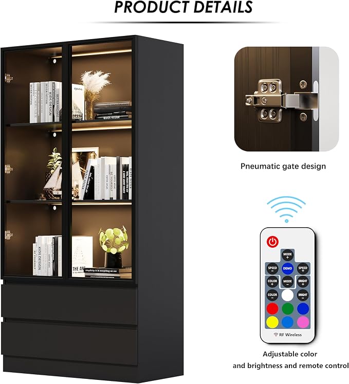 Wooden Display Cabinet with Glass Doors & 2 Drawers, LED Lights Glass Display - Image 4