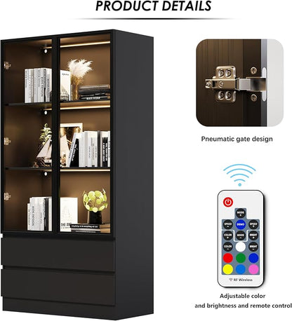 Wooden Display Cabinet with Glass Doors & 2 Drawers, LED Lights Glass Display - Image 4
