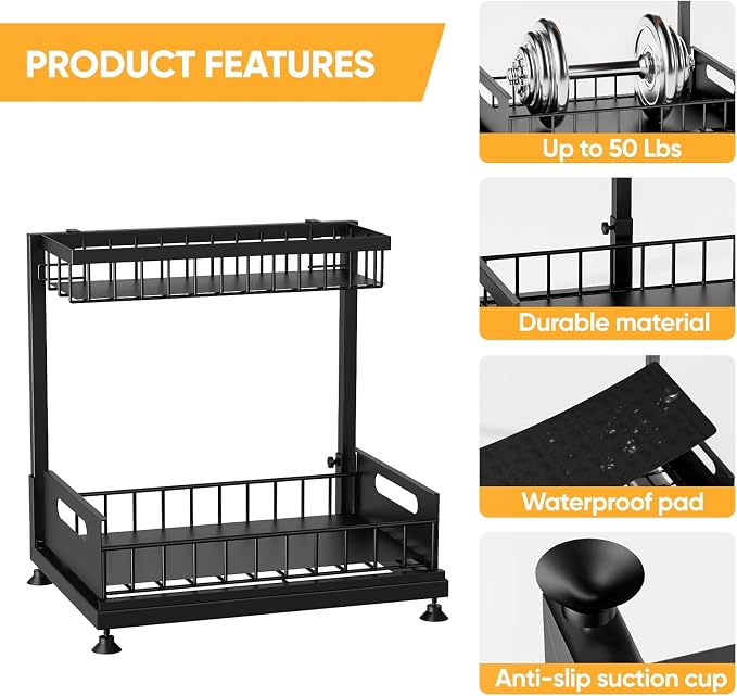 Under Sink Organizer Storage 2-Tier Premium Metal Pull-Out Racks, Height - Image 7