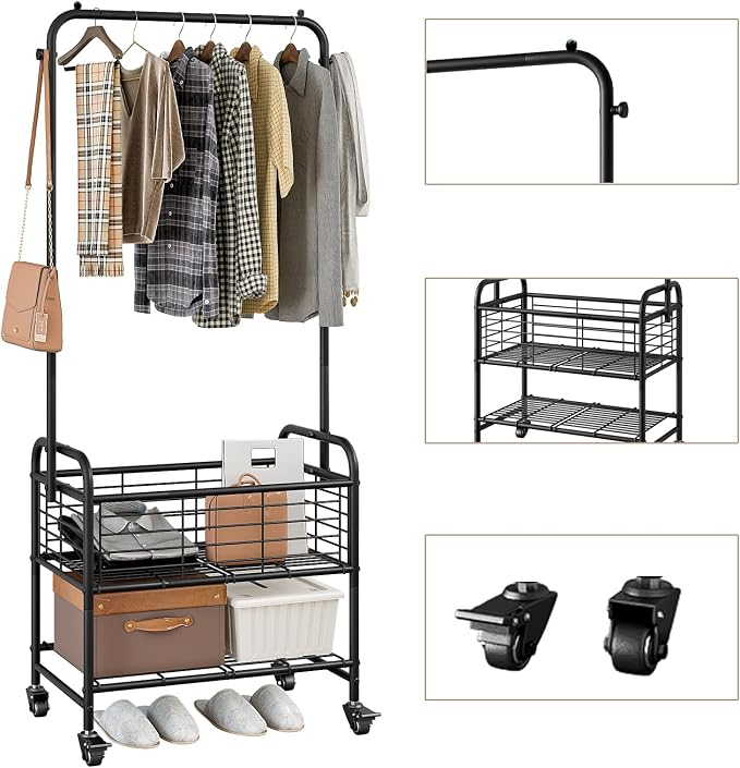 SUOERNUO Laundry Cart with Hanging Rack Rolling Laundry Hamper Sorter with - Image 6