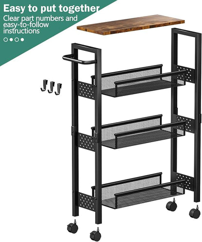 Utility Slim Storage Cart with Wheels, 4 Tier Small Rolling Cart with Wood Top - Image 8