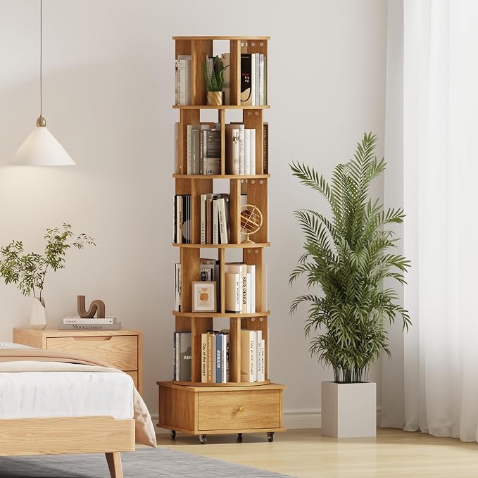 5-Tier Rotating Bookshelf with Drawers on Wheels, 360° Spinning Corner Bookcase - Image 3