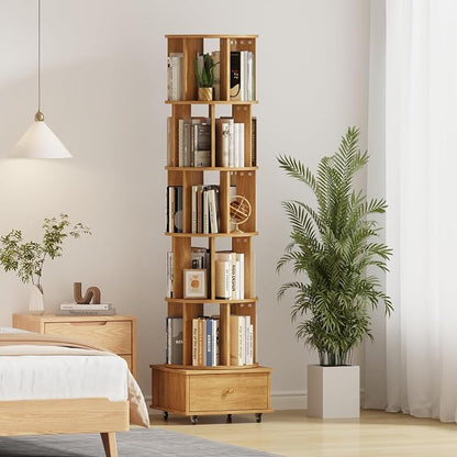 5-Tier Rotating Bookshelf with Drawers on Wheels, 360° Spinning Corner Bookcase - Image 3
