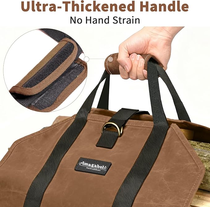 AMAGABELI GARDEN & HOME Firewood Carrier Waxed Canvas Firewood Bag Heavy Duty - Image 4