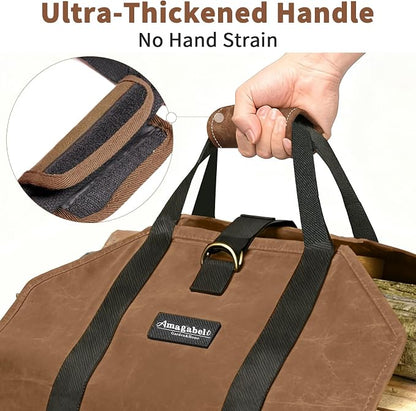 AMAGABELI GARDEN & HOME Firewood Carrier Waxed Canvas Firewood Bag Heavy Duty - Image 4