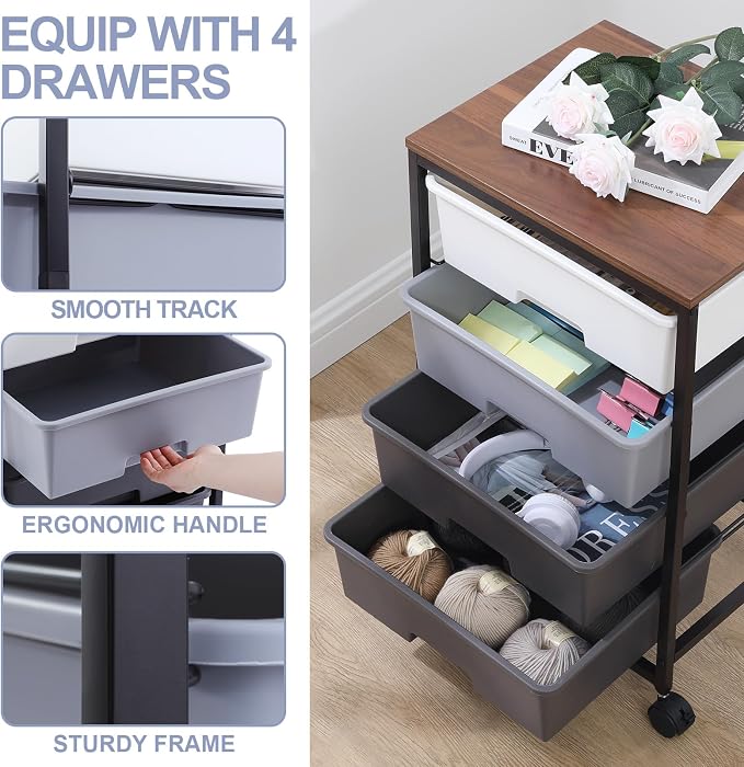Utility Cart with 4 Drawers, Rolling Storage Cart with Drawers, Light Grey - Image 4