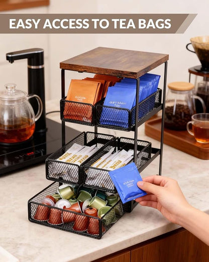 Tea Bag Organizer with 5 Drawers, Wooden & Metal Tea Storage Organizer - Image 6