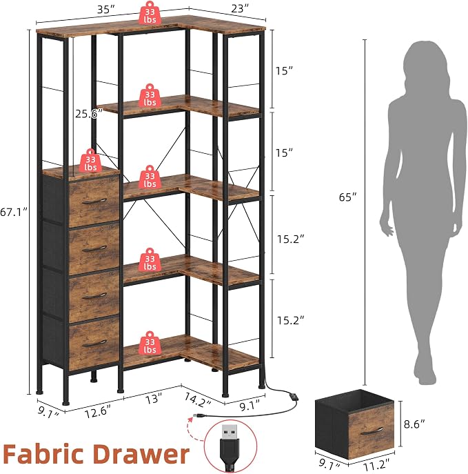 AFLUI Corner Bookshelf with LED Light Strips & 4 Fabric Drawers, 5-Tier - Image 2