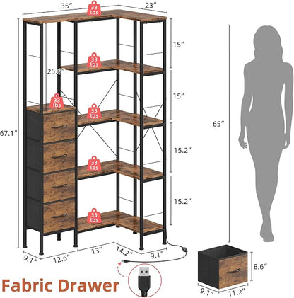 AFLUI Corner Bookshelf with LED Light Strips & 4 Fabric Drawers, 5-Tier - Image 2