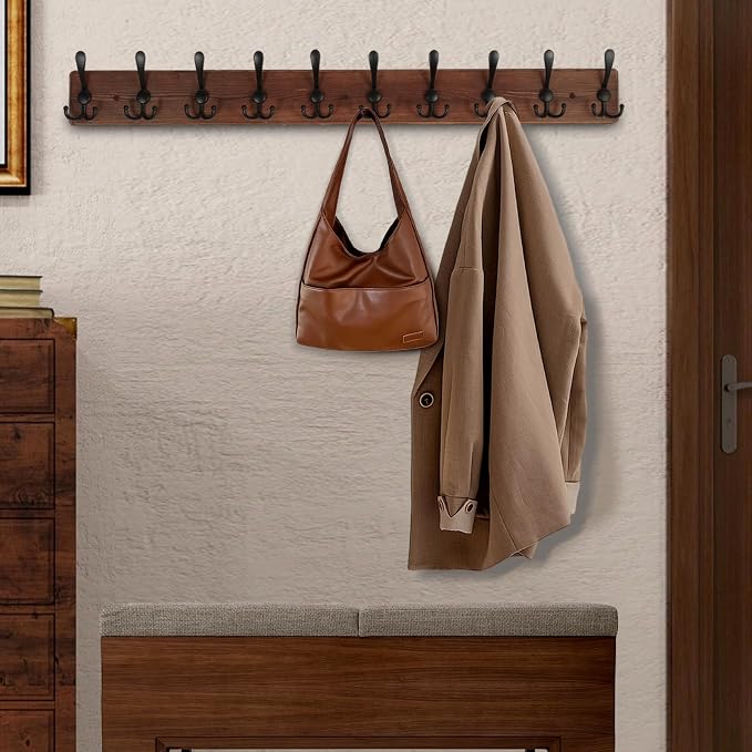 Large Coat Rack Wall Mount 38.6'' Rustic Wood Coat Rack Hook Long Coat Hooks - Image 3