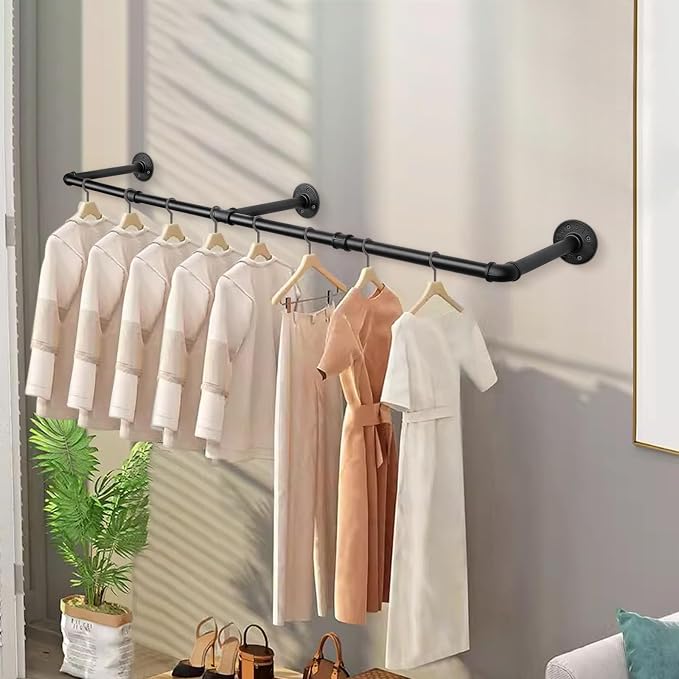 Industrial Iron Pipe Clothes Hanging Bar DIY Wall-Mounted Garment Rack Heavy - Image 2