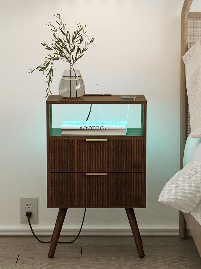 Nightstand with Charging Station and LED Lights, Modern Bedside Table with 2 - Image 8