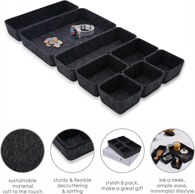 Welaxy Minimalist Felt Desk Drawer Organizer 8-Piece Charcoal Storage Bins - Image 6