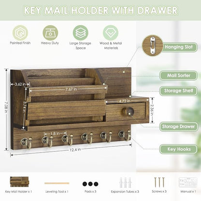VIS'V Key Holder Wall Mount, Wooden Mail and Key Organizer, Small Shelf - Image 3