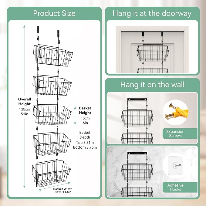 Over The Door Organizer – 5 Removable Hanging Baskets, Back of Door Storage - Image 3