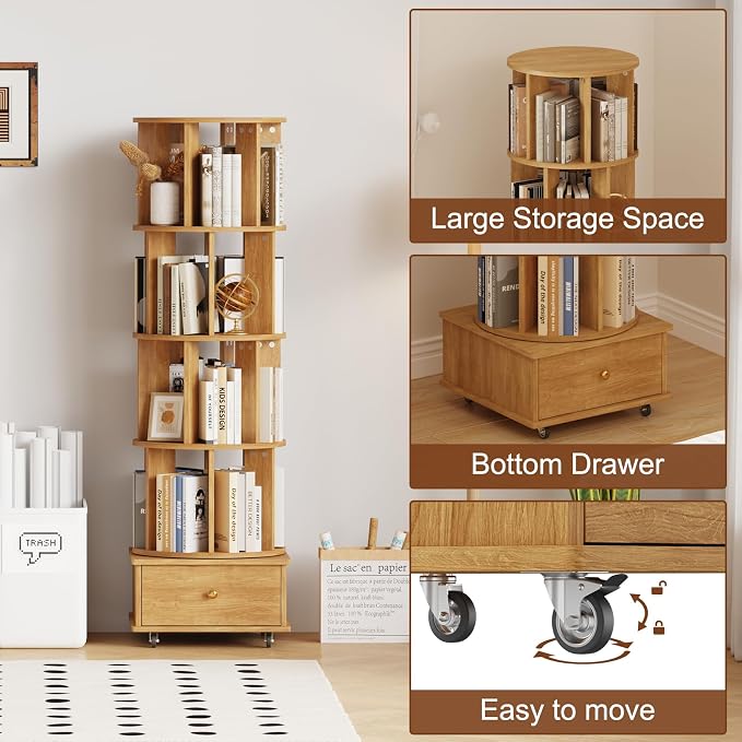 4-Tier Rotating Bookshelf with Drawers on Wheels, 360° Spinning Corner Bookcase - Image 6