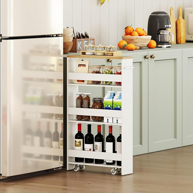 Small Kitchen Cart, 4-Tier Slim Rolling Island w/Handle, Laundry Room Storage - Image 2