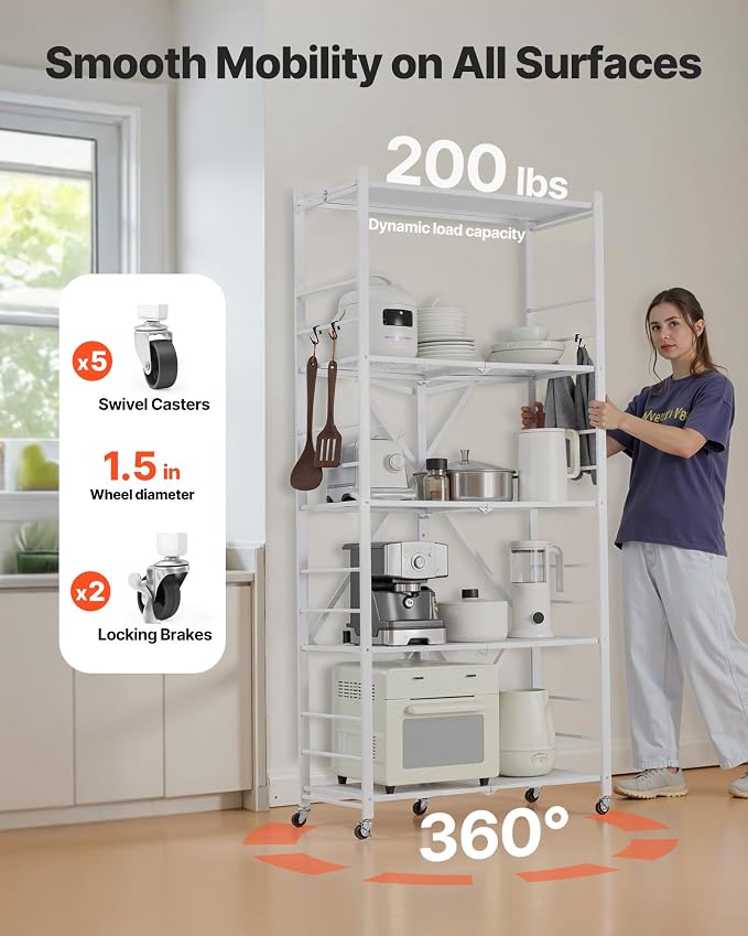 VEVOR 5-Tier Foldable Storage Shelf, 32W x 14D x 72H Inch Folding Metal Rack - Image 6