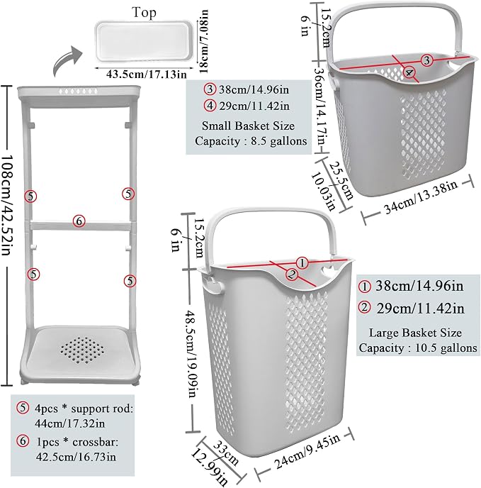Laundry Basket with Wheels Plastic, 2 Tier, 40L+32L Large Capacity, Storage - Image 3