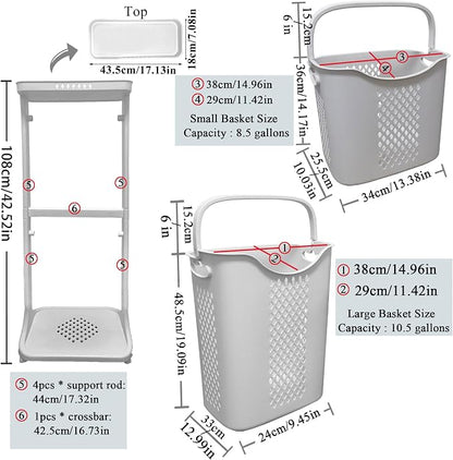 Laundry Basket with Wheels Plastic, 2 Tier, 40L+32L Large Capacity, Storage - Image 3