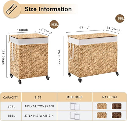 3-Section Laundry Hamper with Lid, Large Capacity Woven Natural Water Hyacinth - Image 2