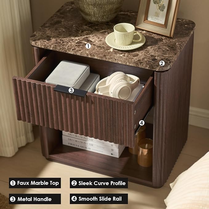 Fluted Nightstand Set of 2, Bedside Table - Image 5