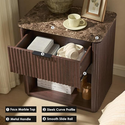 Fluted Nightstand with Drawer, Bedside Table with Faux Marble-Top, Engineered - Image 4