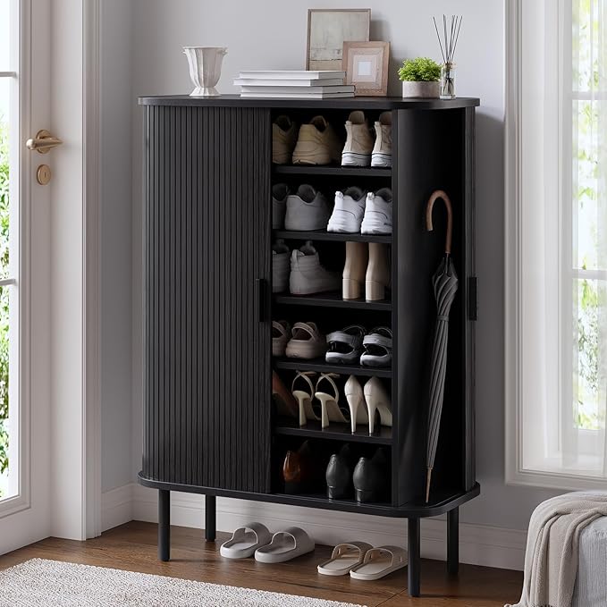 6-Tier Shoe Cabinet with Sliding Door, Wooden Shoe Storage Cabinet with by ONBRILL