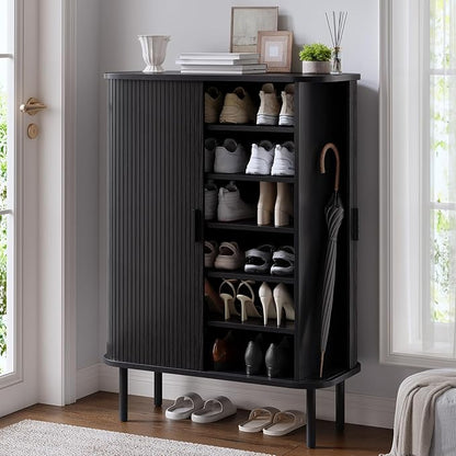 6-Tier Shoe Cabinet with Sliding Door, Wooden Shoe Storage Cabinet with by ONBRILL