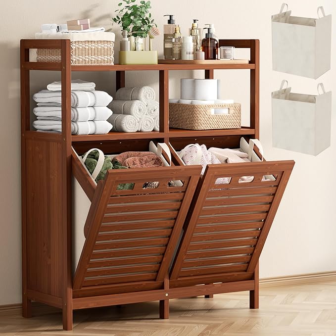 Homykic Tilt Out Laundry Hamper Cabinet, Bamboo Double Laundry Hamper by Homykic