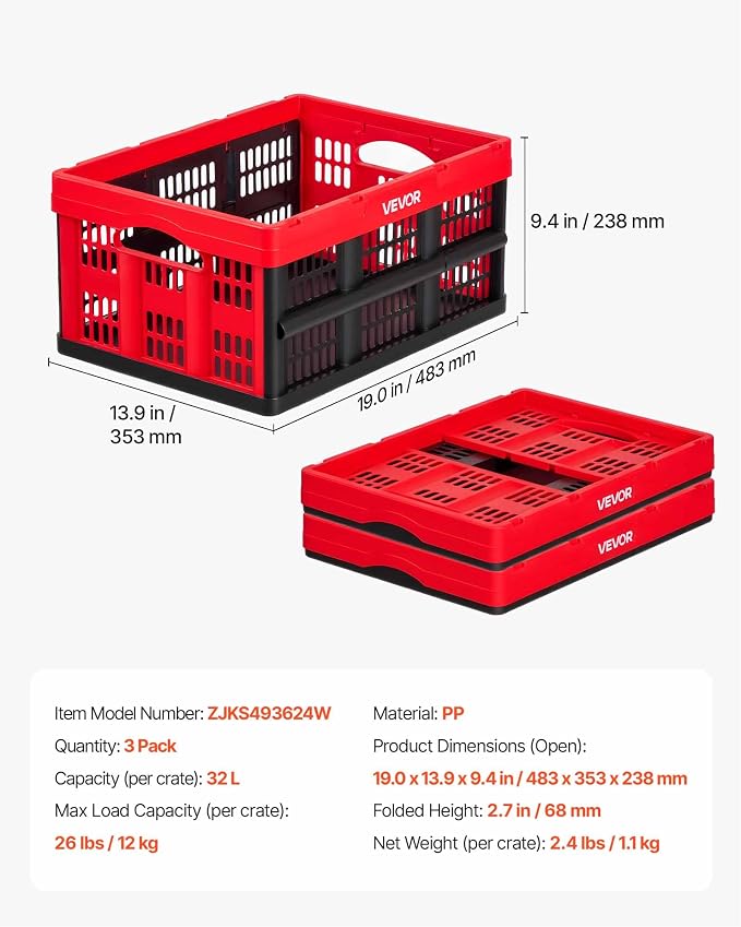 VEVOR Plastic Collapsible Storage Bins, 32L 3 Packs, Stackable Folding Storage - Image 7